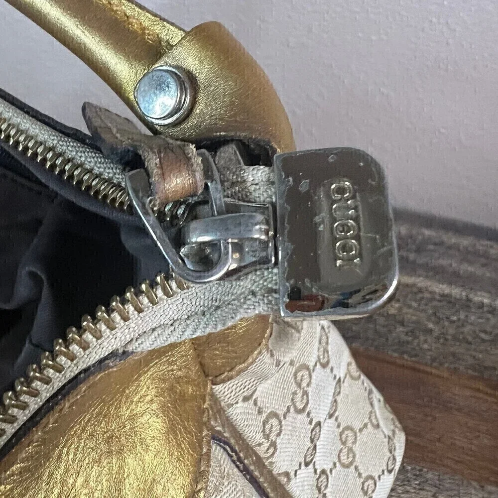 GUCCI GG Canvas Gold Leather Hobo Shoulder Bag - Picture 13 of 14
